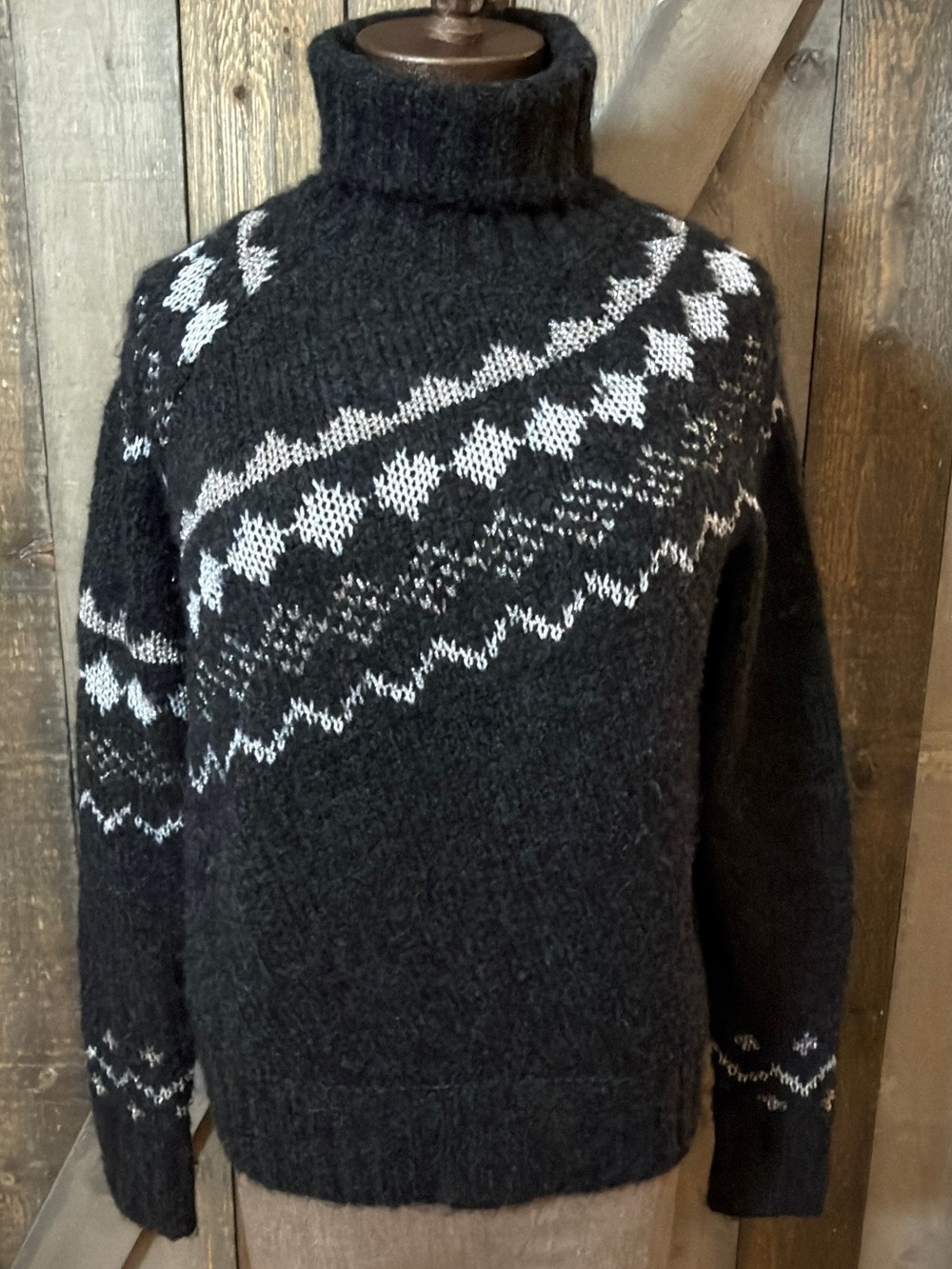 Derek Lam 10 Crosby XS Alpaca Wool Fair Isle Turtleneck Sweater Charcoal Gray